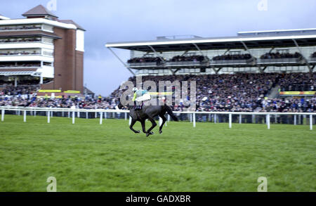 Denman und Sam Thomas auf dem Weg zum Sieg beim Hennessy Cognac Gold Cup auf der Rennbahn Newbury. Stockfoto