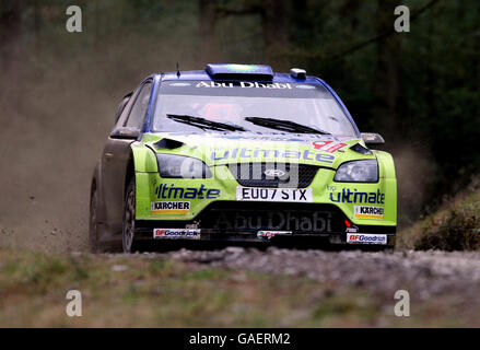 Marcus Gronholm von Finladd im Ford Focus RS WRC 07 auf der Brechfa Special Stage während der FIA Rallye-Weltmeisterschaft. Stockfoto