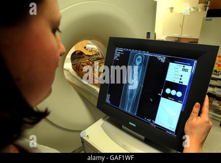 Alte Mama Ruft NHS scan Stockfoto