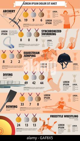 Infografik zeigt sechs Arten von Sport, eine kurze Beschreibung des Sports, der größte Gewinner der Medaillen und einige Informationen mehr. Stock Vektor