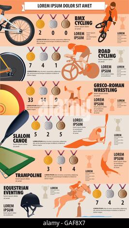 Infografik zeigt sechs Arten von Sport, eine kurze Beschreibung des Sports, der größte Gewinner der Medaillen und einige Informationen mehr. Stock Vektor