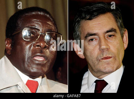 Fotos von (von links nach rechts) Robert Mugabe und Gordon Brown. Die Staats- und Regierungschefs der Europäischen Union und Afrikas werden sich heute in Lissabon versammeln - ohne Gordon Brown. Der Premierminister boykottiert den EU-Afrika-Gipfel in der portugiesischen Hauptstadt, weil Simbabwes Präsident Robert Mugabe anwesend ist. Stockfoto