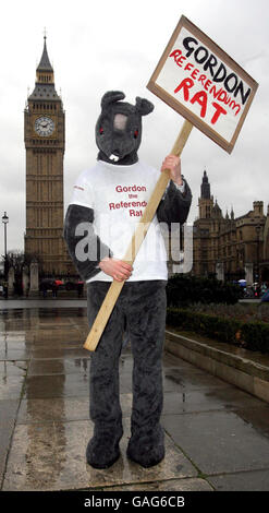 Ein Mann, der als "Gordon the Referendum Rat" von der Demokratiebewegung gekleidet ist, demonstriert auf dem Parliament Square in London. Stockfoto