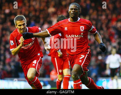 Fußball - Barclays Premier League - Middlesbrough gegen Liverpool - Riverside Stadium. George Boateng von Middlesbrough feiert sein Tor während des Spiels der Barclays Premier League im Riverside Stadium, Middlesbrough. Stockfoto