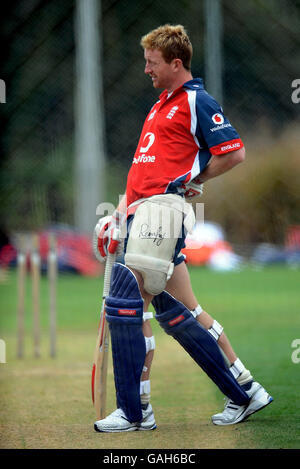 Der englische ODI-Kapitän Paul Collingwood fühlt sich während des Netzpraktikens an der Lincoln University, Lincoln, Neuseeland, eine Rückenverletzung. Stockfoto