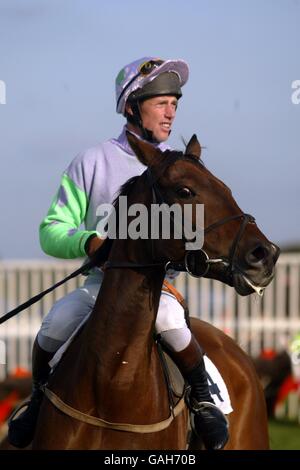 Pferderennen - Fakenham Races. Phillipp Hide, Reiten Skinsey Finnegan feiert den dritten Platz im Prince of Wales-Stand für Business Novices Steeple Chase Stockfoto