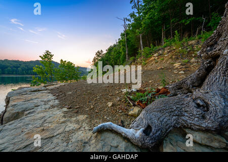 Ein unglaublich farbenfrohen Sonnenuntergang über Höhle Run See im Daniel Boone National Forest. An windigen Bucht Angeln Punkt erfasst. Stockfoto