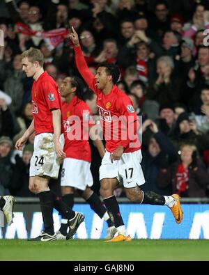 Fußball - FA Cup - Fünfte Runde - Manchester United / Arsenal - Old Trafford. Luis Nani von Manchester United feiert den dritten Treffer seiner Seite Stockfoto