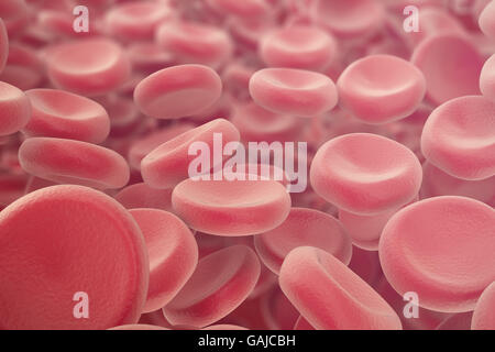 Rote Blutkörperchen, Erythrozyten Illustration, wissenschaftlichen, medizinischen oder mikrobiologischen Hintergrund mit Schärfentiefe zu abstrahieren. 3D Stockfoto