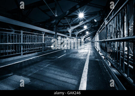 Stimmungsvolle monochrome Ansicht der Williamsburg Brücke Fußgängerweg bei Nacht in New York City Stockfoto