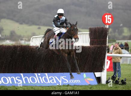 Pferderennen - Cheltenham Festival - Tag Drei - Cheltenham Rennbahn. Der Jockey Richard Johnson auf der Messe springt während der Queen Mother Champion Chase beim Cheltenham Festival frei Stockfoto