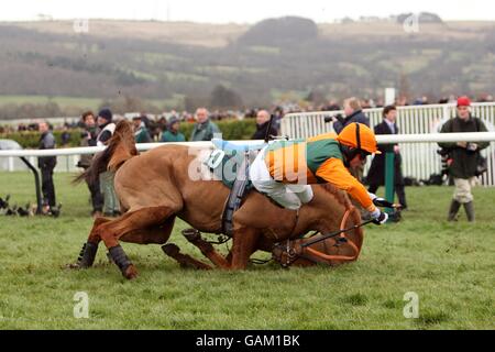 Pferderennen - Cheltenham Festival - Tag Drei - Cheltenham Rennbahn. In Accord, von Jockey Thomas Greenall geritten, fällt in den Peter O'Sullevan National Hunt Chase Challenge Cup während des Cheltenham Festival. Stockfoto