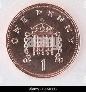 Münzen. Eine 1 Pence Münze. Stockfoto