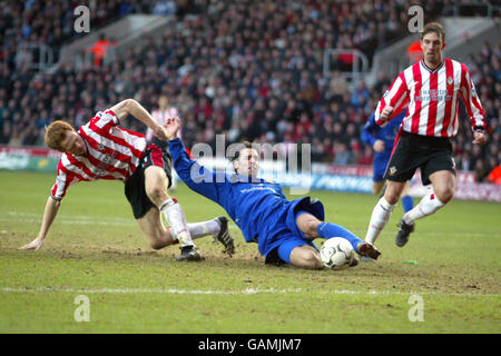 Fußball - FA Barclaycard Premiership - Southampton / Manchester United. Michael Svensson von Southampton bekämpft den Ruud van Nistelrooy von Manchester United Stockfoto