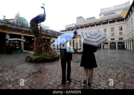 STANDALONE-FOTO. Eine von zwei 25ft Pfauenskulpturen, die vom New Yorker Designer Preston Bailey geschaffen wurden, befindet sich auf der Piazza in Covent Garden, London. Stockfoto