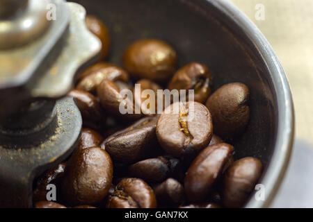 Altmodische Handmühle mit Kaffeebohnen. Stockfoto