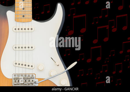 E-Gitarre mit roten Noten auf einem schwarzen Hintergrund. Stockfoto