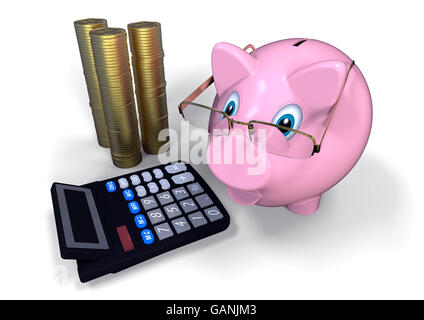 3D render Bild aus einem Stapel von Goldmünzen mit einem Sparschwein mit Brille, Buchhalter darstellt. Stockfoto