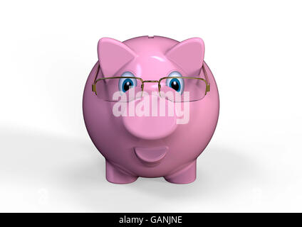 3D render Bild, das ein Sparschwein vor einen Stapel von Geld darstellt. Stockfoto