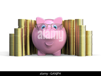 3D render Bild, das ein Sparschwein vor einen Stapel von Geld darstellt. Stockfoto