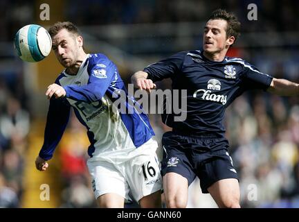 Fußball - Barclays Premier League - Birmingham City / Everton - St. Andrew's Stadium. Leighton Baines von Everton und James McFadden von Birmingham kämpfen um den Ball Stockfoto