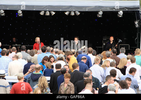 Die Saw Doctors treten bei einem Konzert am Ende des Gold Cup Meetings im Sandown Park auf. Stockfoto