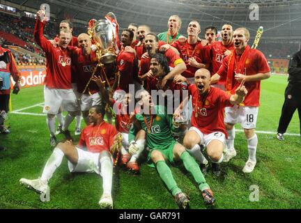 Fußball - UEFA Champions League - Finale - Manchester United gegen Chelsea - Luzhniki Stadium. Die Spieler von Manchester United feiern nach dem UEFA Champions League-Finale im Luzhniki-Stadion, Moskau, Russland. Stockfoto