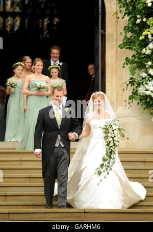 Peter Phillips, der älteste Enkel von Queen Elizabeth II und Canadian Autumn Kelly, verlassen die St. George's Chapel in Windsor, England, nach ihrer Hochzeitszeremonie. Stockfoto