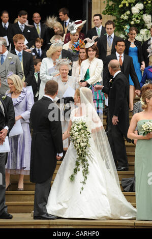 Peter Phillips, der älteste Enkel von Queen Elizabeth II und Canadian Autumn Kelly, verlassen die St. George's Chapel in Windsor, England, nach ihrer Hochzeitszeremonie. Stockfoto