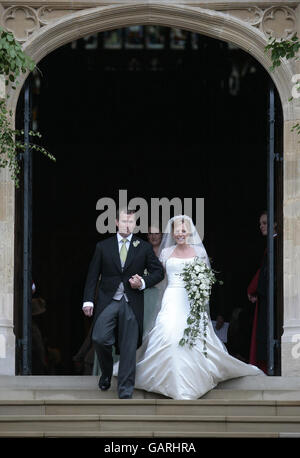 Peter Phillips, der älteste Enkel von Königin Elizabeth II. Und Canadian Autumn Kelly, verlassen nach ihrer Heiratszeremonie die St. George's Chapel in Windsor, England. . Stockfoto