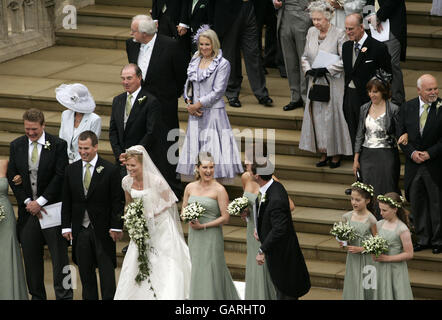 Peter Phillips, der älteste Enkel von Queen Elizabeth II und Canadian Autumn Kelly, verlassen die St. George's Chapel in Windsor, England, nach ihrer Hochzeitszeremonie. Stockfoto