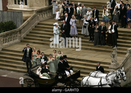 Peter Phillips, der älteste Enkel von Queen Elizabeth II und Canadian Autumn Kelly, verlassen die St. George's Chapel in Windsor, England, nach ihrer Hochzeitszeremonie. Stockfoto