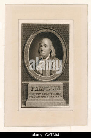 Dieses Bild zeigt Benjamin Franklin, einen der Gründungsväter der Vereinigten Staaten. Das Foto fängt Franklins Gleichnis ein und zeigt seine historische Bedeutung. Stockfoto