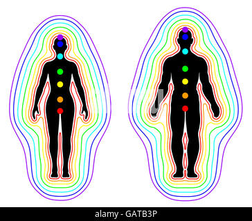 Die menschliche Aura und Chakren auf weißem Hintergrund Stockfoto