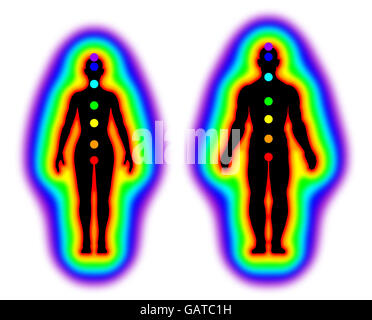 Menschliche Energie Körper mit Aura und Chakren auf weißem Hintergrund Stockfoto