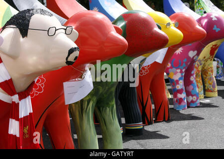 119 Superlambananas werden im Bryant & May Matchworks in Speke, Liverpool als Teil der Liverpool Capital of Culture ausgestellt. Stockfoto