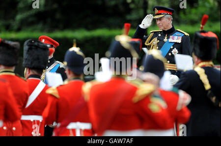 Der Prinz von Wales begrüßt die Band der Territorial Army, die zum ersten Mal im Rahmen der Feierlichkeiten zum 100. Jahrestag des Dienstes der Territorial Army die Mall heruntermarschieren. Stockfoto