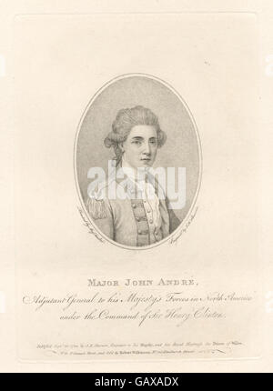 Major John Andre, ein britischer Offizier, der für seine Rolle während der Amerikanischen Revolution bekannt ist, insbesondere beim Benedikt Arnold-Verrat. Die Referenznummer ist Hades-NYPG96-F24-423578. Stockfoto