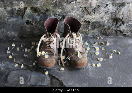 Ein paar alte Lederarbeit Stiefel auf Werkstattboden mit Blumen-Gänseblümchen. Stockfoto