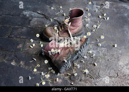 Ein paar alte Lederarbeit Stiefel auf Werkstattboden mit Blumen-Gänseblümchen. Stockfoto