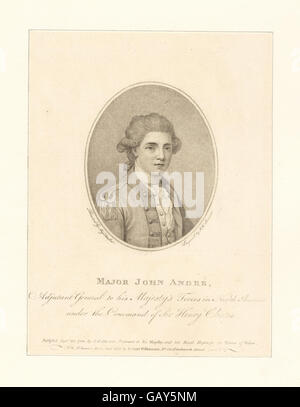 Major John Andre war ein Offizier der britischen Armee, der vor allem für seine Rolle im Amerikanischen Unabhängigkeitskrieg bekannt war, insbesondere für seine Beteiligung am Verrat von Benedict Arnold. Seine Gefangennahme und Hinrichtung wurde zu einem bemerkenswerten Moment in der Geschichte der USA. Stockfoto