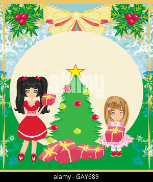 Weihnachten Hintergrund mit Weihnachtsbaum und Mädchen mit Geschenken Stockfoto