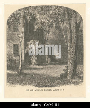 Das Schuyler Mansion in Albany, New York, ist eine historische Stätte, in der einst die Familie Schuyler, darunter Philip Schuyler, ein prominenter US-amerikanischer General und Politiker, wohnte. Das Herrenhaus ist ein bemerkenswertes Beispiel der Kolonialarchitektur und ist heute ein Museum, das Einblicke in die revolutionäre Geschichte New Yorks bietet. Stockfoto