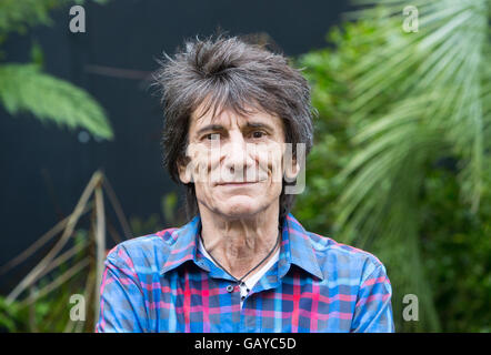 Rolling Stones-Gitarrist Ronnie Wood im RHS Hampton Court Flower show an einem Stand, die Unterstützung von Menschen mit Darmkrebs Stockfoto