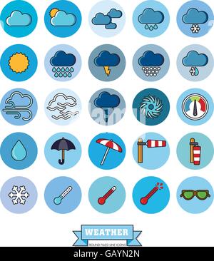 Sammlung von Wetter und Klima im Zusammenhang mit gefüllten Zeile Vektor-Icons in blaue Kreise Stock Vektor