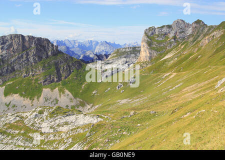 sehen Sie sich auf einem grünen Berg-Tal in den Alpen (Rofan Gebirge) Stockfoto