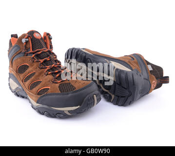 Ein paar von Merrell braun high-Top walking Stiefel isolierten auf weißen Hintergrund Stockfoto