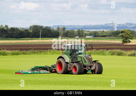 Ein landwirtschaftlicher Rasenmäher in Burscough, Lancashire, Großbritannien, fährt mit einem Fendt 514 Vario-Traktor, der eine neue Grasernte, Grün, Gras, Natur, Rasen mäht, wachsen, Pflanzen, wachsen, Feld, Hintergrund, Wiese, Frühling, Natur, Sommer, Garten, Umwelt, angebaut für die lokale Nachfrage nach Rasen. Auf diesen Feldern wird dieses Jahr Gras angebaut, das Teil des Fruchtwechselsystems der Landwirte ist. Das Prinzip der Fruchtfolge besteht darin, jedes Jahr bestimmte Gruppen von Gemüse in verschiedenen Teilen des Betriebs anzubauen. Stockfoto