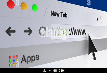 Mauspfeil zeigt die Url in die Adresszeile des Web-Browsers Stockfoto