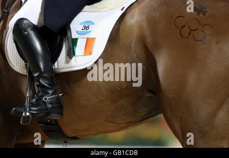 Irlands Louise Lyons auf der Watership Down während der Dressurprüfung am ersten Tag der Olympischen Spiele in Peking, die im Shatin Equestrian Center vor der abendlichen Dressurprüfung im Shatin Equestrian Center in Hongkong, China, stattfand. Stockfoto